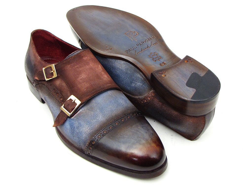 Paul Parkman Captoe Double Monkstrap Antique Blue &amp; Brown Suede