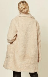 Oversized hip-length borg teddy coat with popper buttons and side pockets.