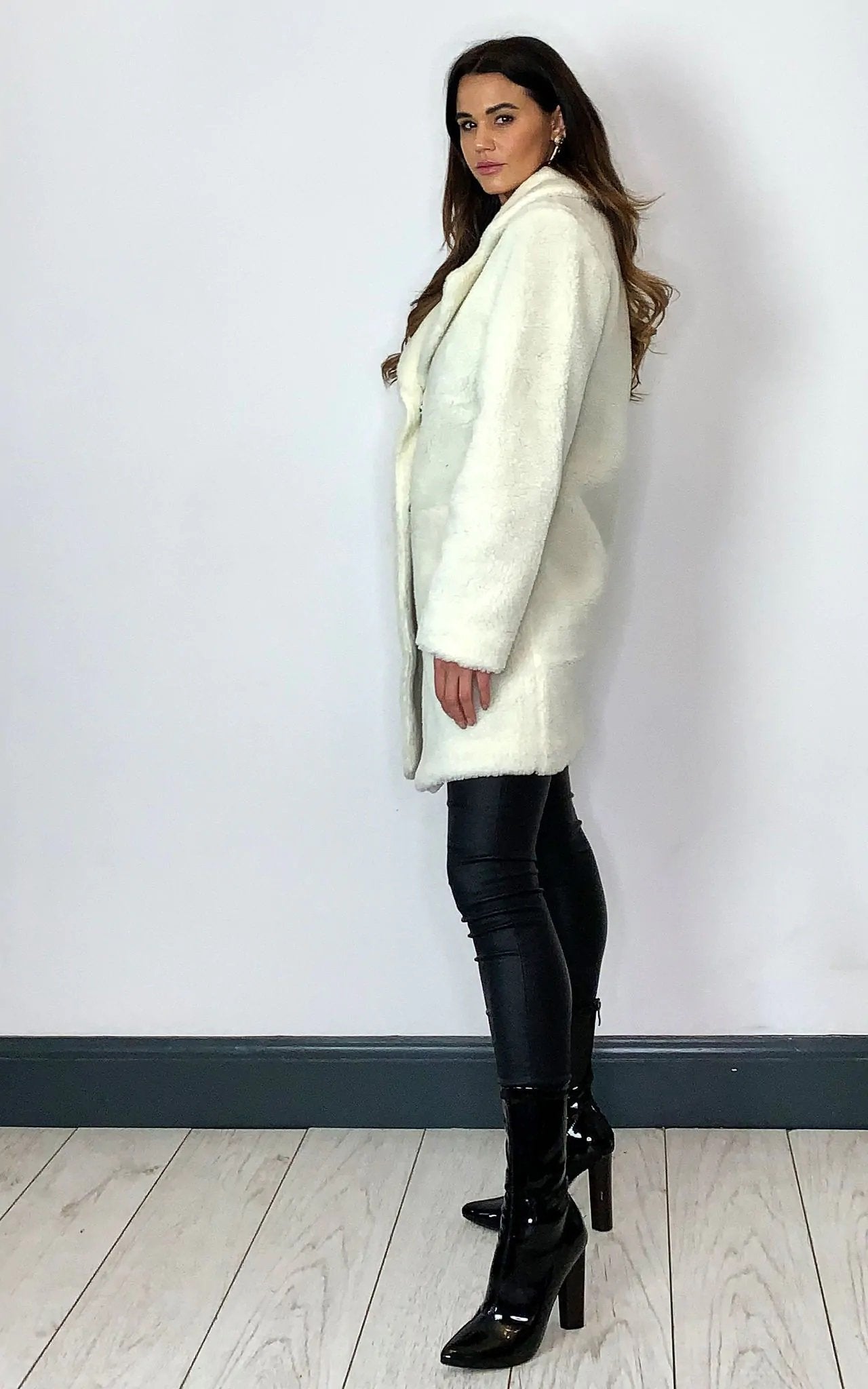 Oversized white stud button borg teddy coat (1905) with popper fastening, hip length.