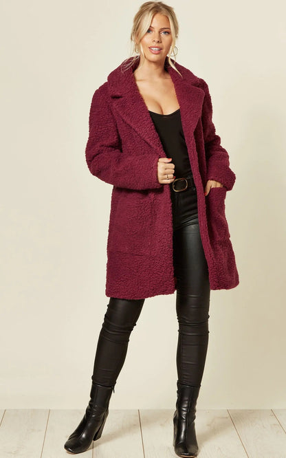 oversized burgundy stud button borg teddy coat with popper fastening