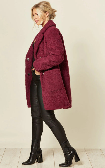 Stud Button Borg Teddy Coat (1905) with oversized hip-length design in burgundy.