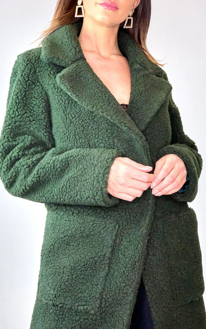 Stud Button Borg Teddy Coat (1905) with oversized fit and popper button fastening.