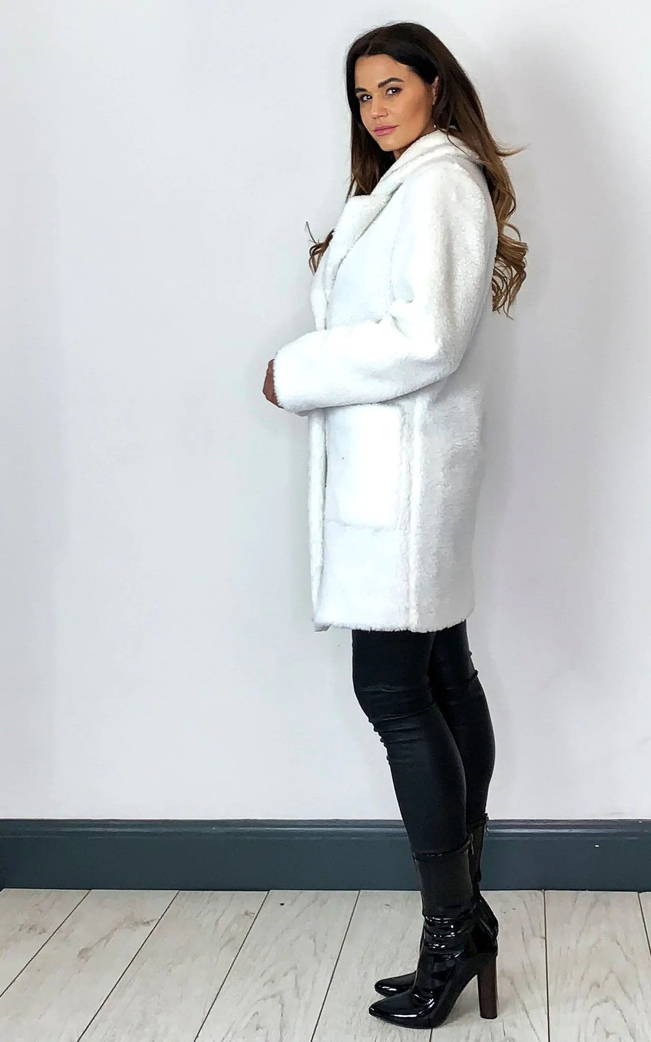 Stud Button Borg Teddy Coat (1905) in white, oversized hip length with popper button fastening.