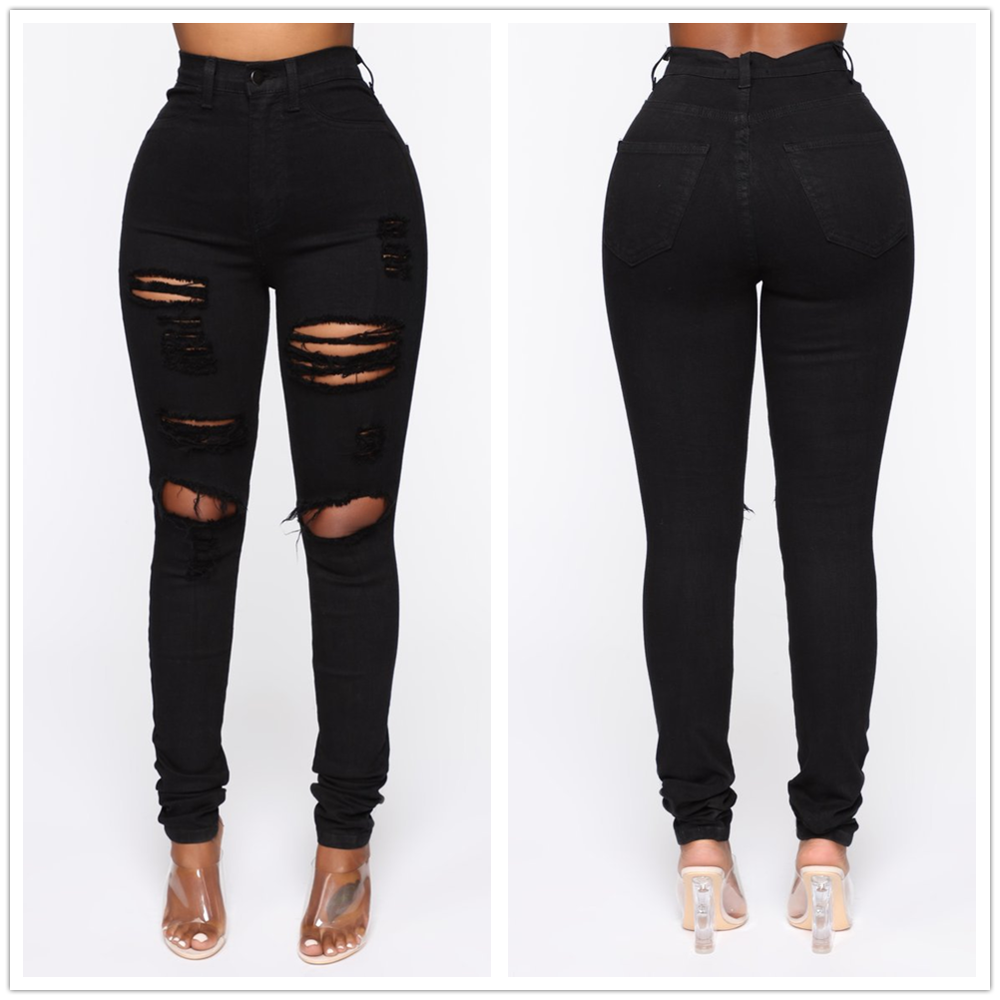 2020 New Black Ripped Jeans For Women Fashion High Waist Denim Pencil