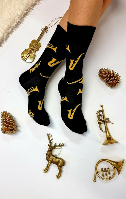 JAZZ black cotton socks with wind instruments