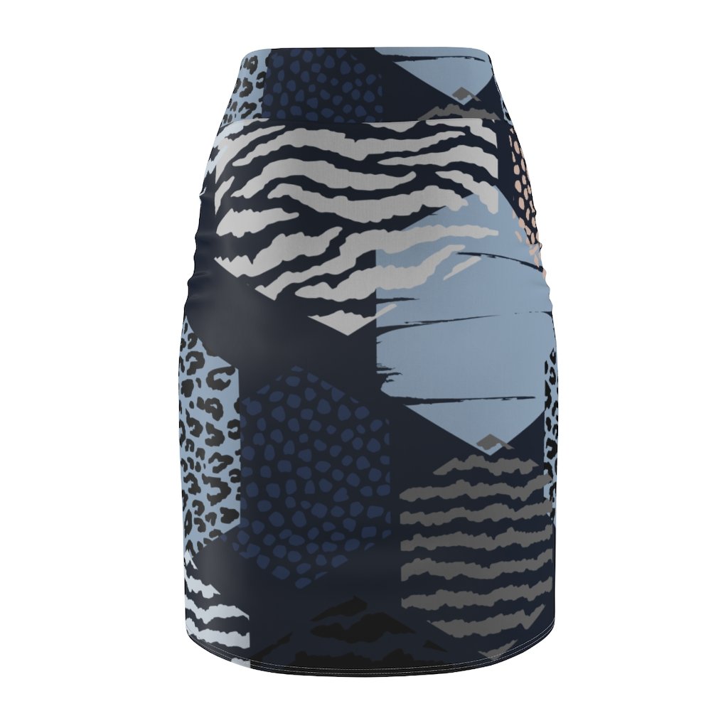 Womens Pencil Skirt, High Waist Stretch, Geometric Blue