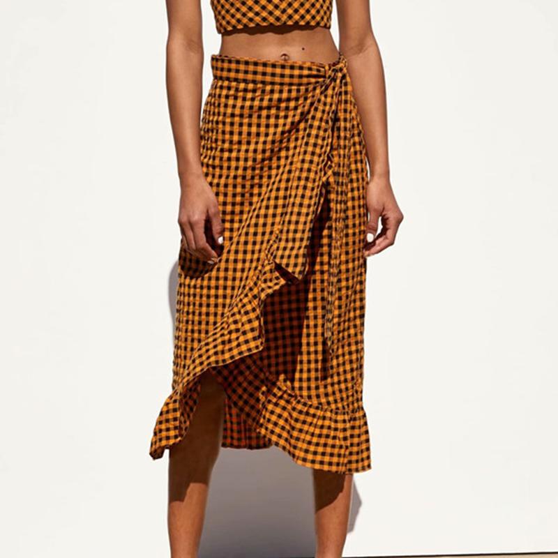 Elegant yellow plaid ruffle midi skirt Women high waist bow