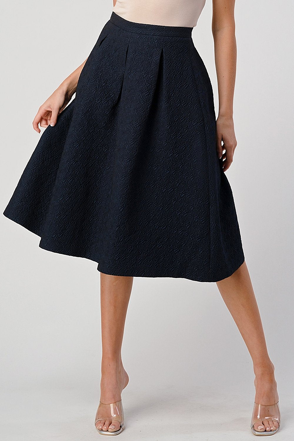 Textured A-Line Midi Skirt with Pleats