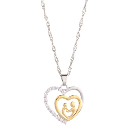 Mother and Child Necklace Pave Heart Pendant Necklace