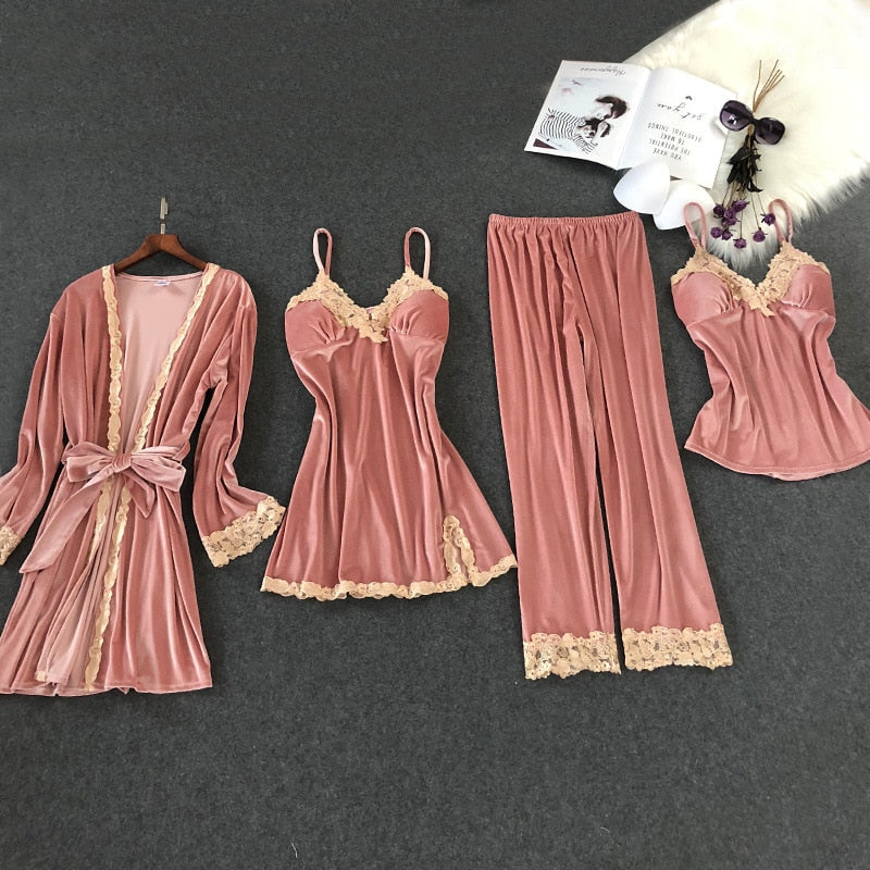 4 Pieces Velvet Pajamas Sets Solid Color Lace