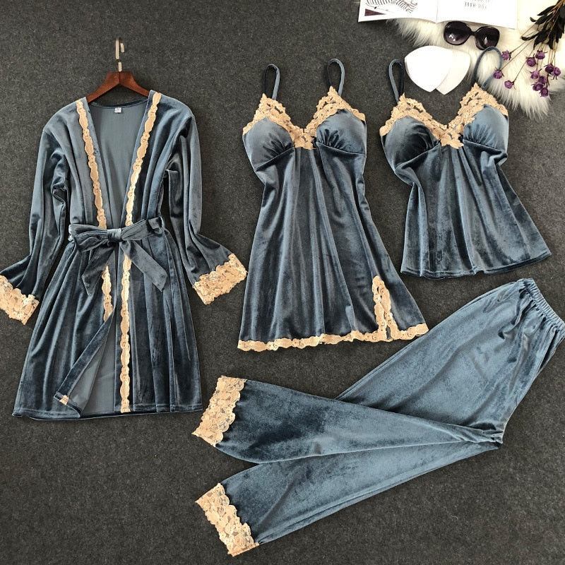 4 Pieces Velvet Pajamas Sets Solid Color Lace