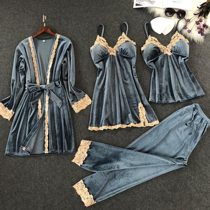 4 Pieces Velvet Pajamas Sets Solid Color Lace