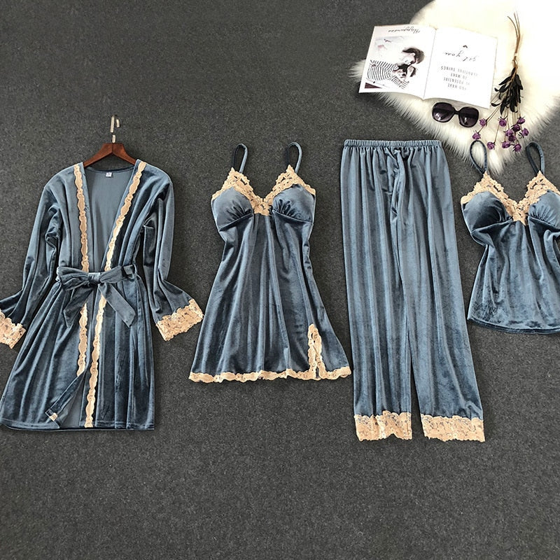 4 Pieces Velvet Pajamas Sets Solid Color Lace