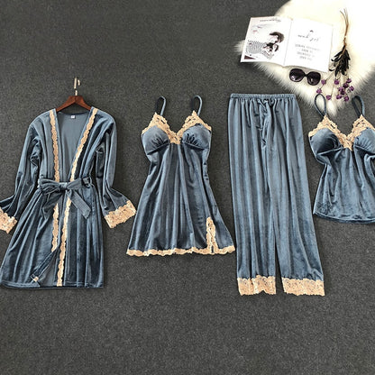 4 Pieces Velvet Pajamas Sets Solid Color Lace