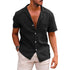 Black casual button-down shirt with short sleeves and lapel collar, perfect for a relaxed, stylish look.