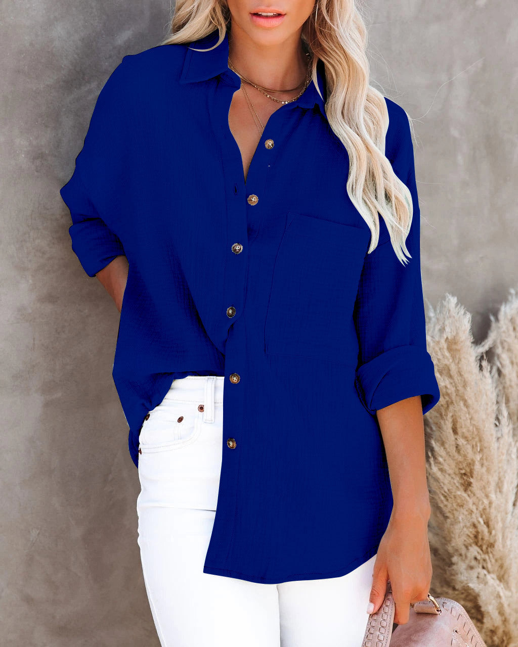 V Neck Button Down Ladies Cotton Linen Shirt