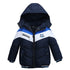 Long sleeved hooded padded jacket for boys in black and blue colors.