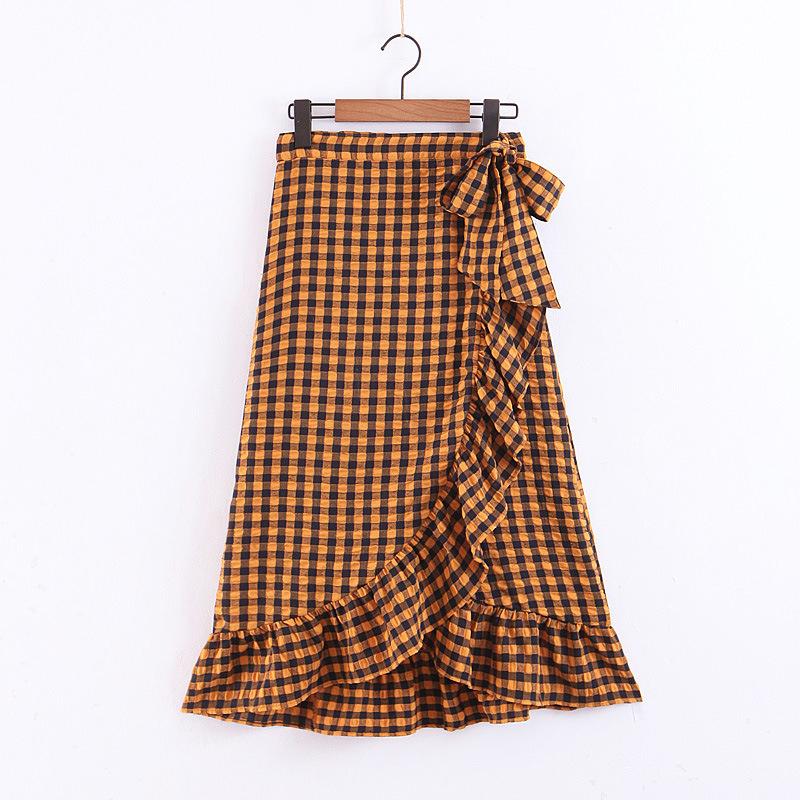 Elegant yellow plaid ruffle midi skirt Women high waist bow