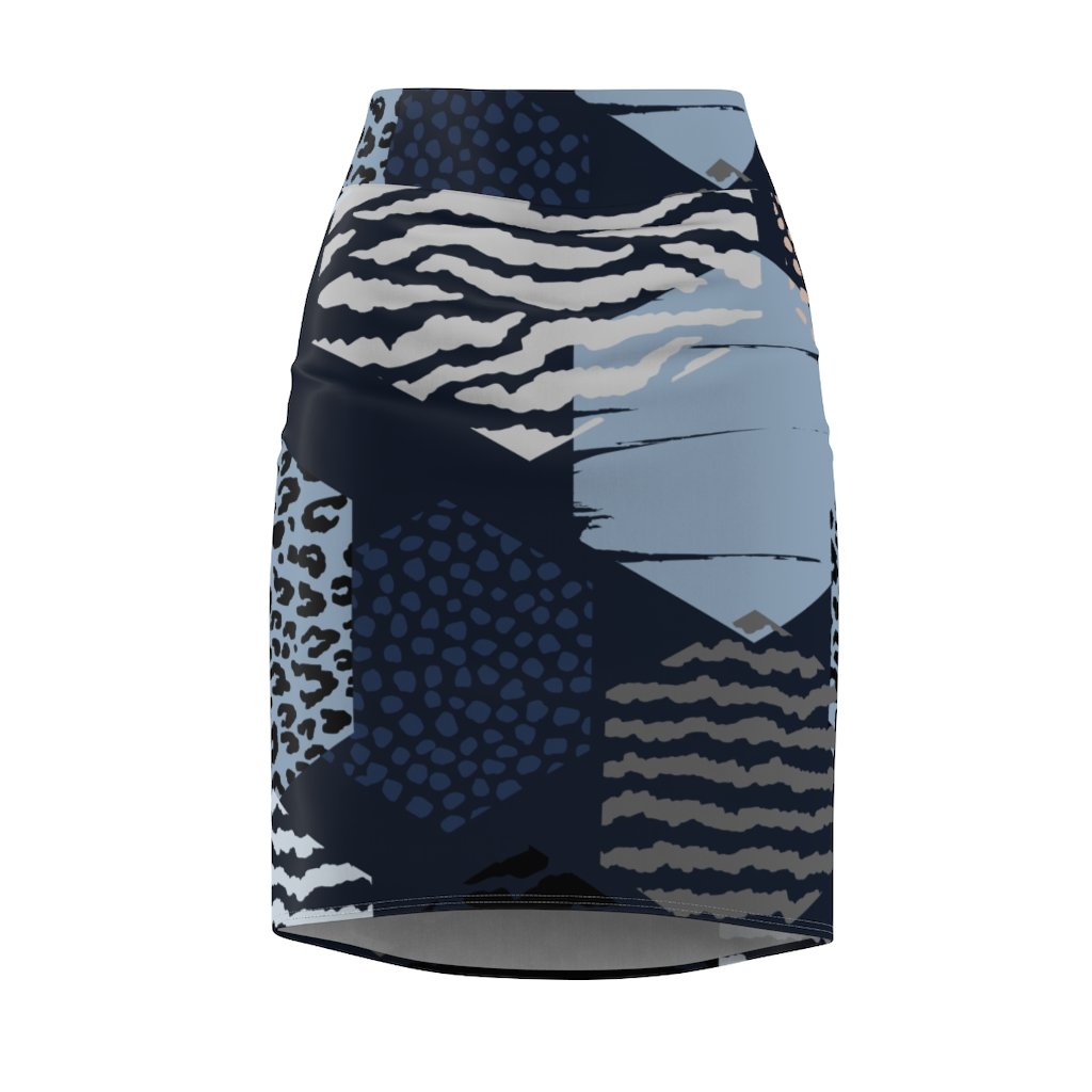 Womens Pencil Skirt, High Waist Stretch, Geometric Blue