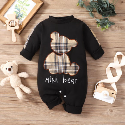 Plaid Patch Bear Long Sleeve Overalls