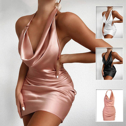 V Neck Backless Mini Satin Party Dress - RADA LONDON