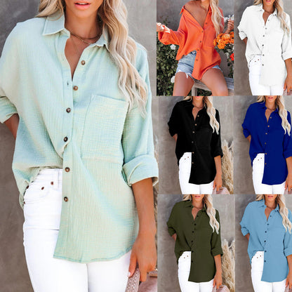 V Neck Button Down Ladies Cotton Linen Shirt