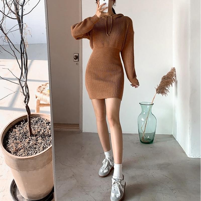 Casual hooded collar women sweater dress Bat sleeves drawstring ladies