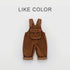 Brown Korean-style corduroy suspender pants for children with strap design.