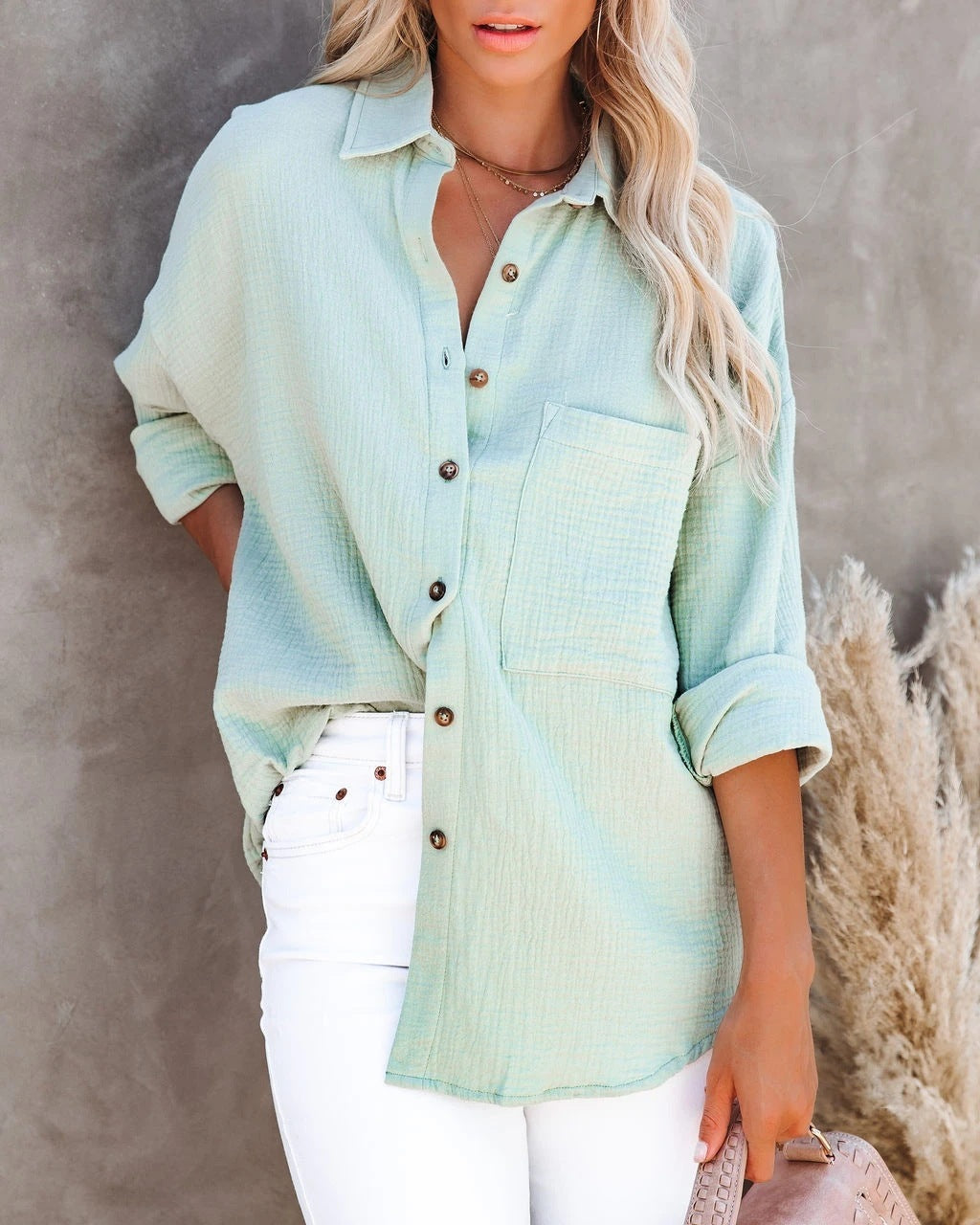 V Neck Button Down Ladies Cotton Linen Shirt