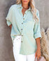 V Neck Button Down Ladies Cotton Linen Shirt in a casual, solid-colored design with long sleeves.