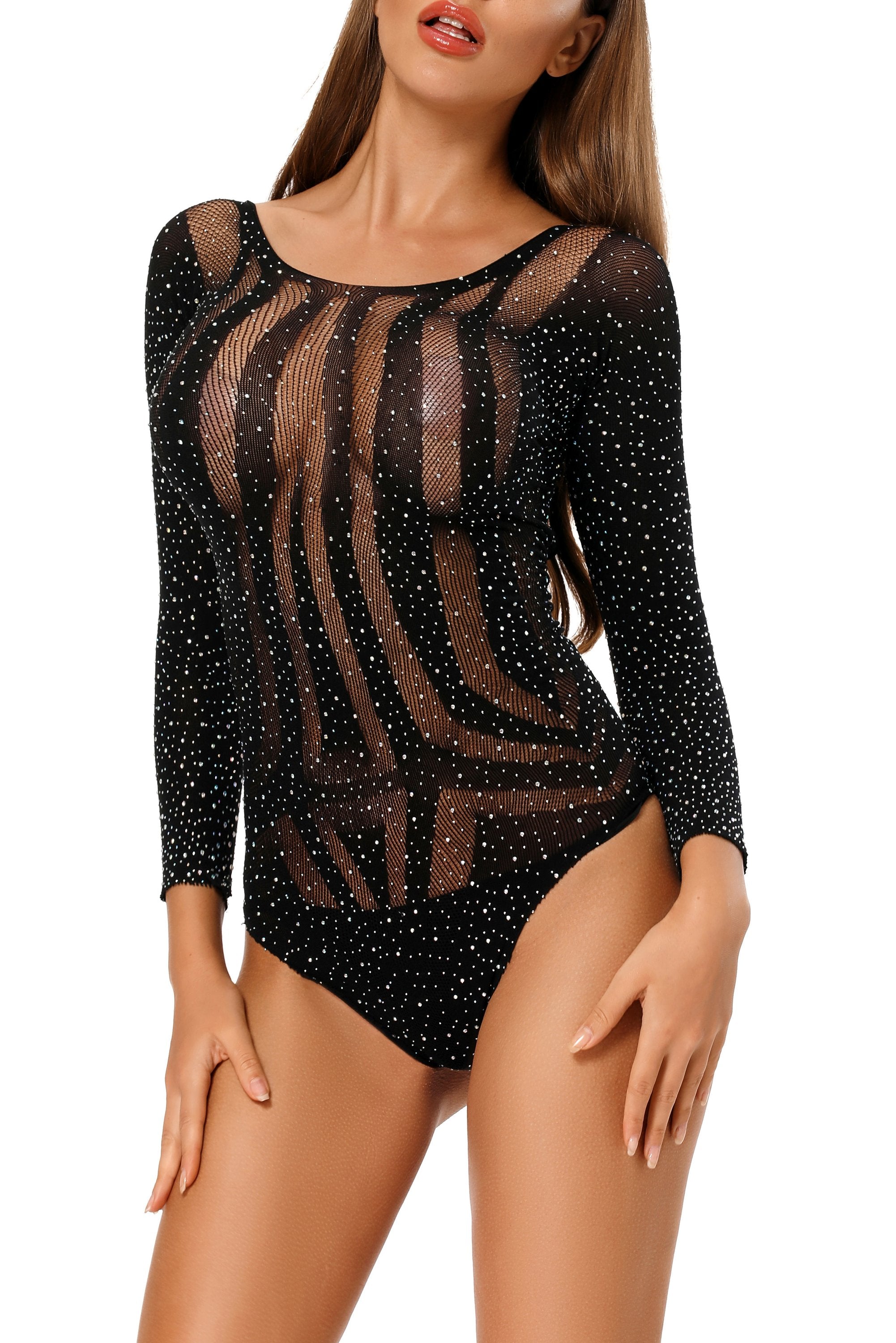 Rhinestone Long Sleeves Hollow-out Bodysuit