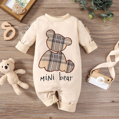 Plaid Patch Bear Long Sleeve Overalls