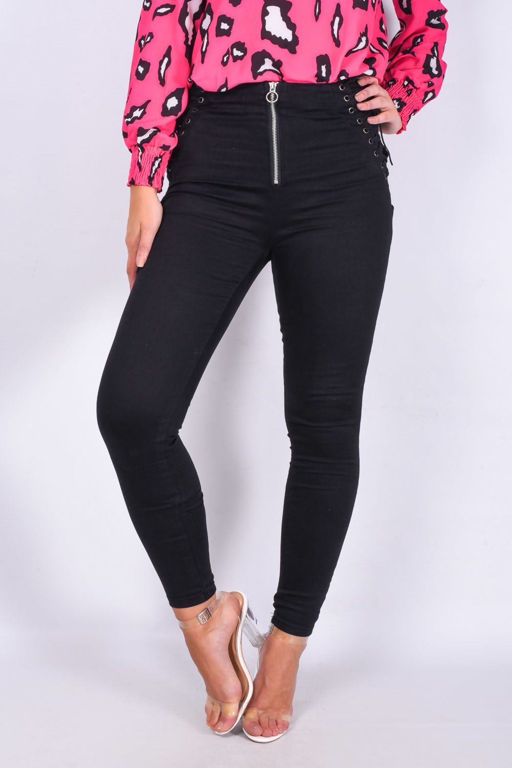 Black Denim Lace Up Detail Zip Front Skinny Jean