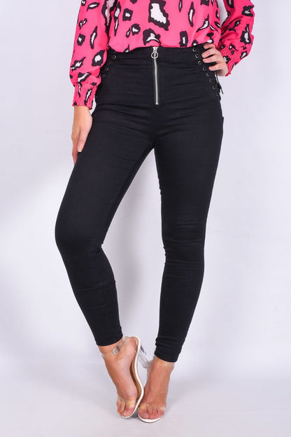 Black Denim Lace Up Detail Zip Front Skinny Jean