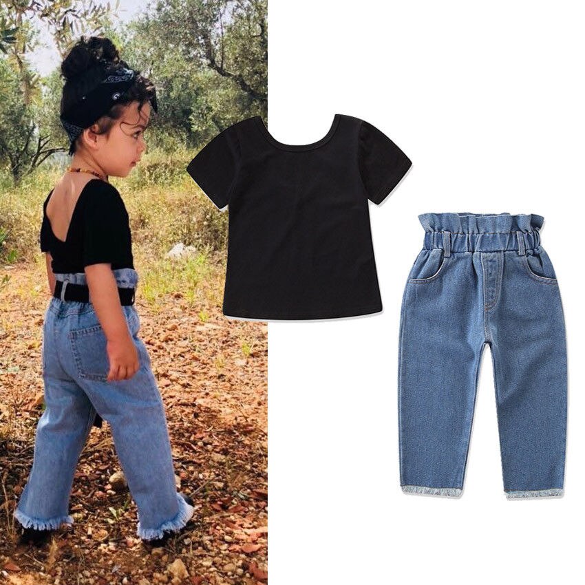 Baby Kid Girl T shirt Top+Denim Jeans Clothing Set