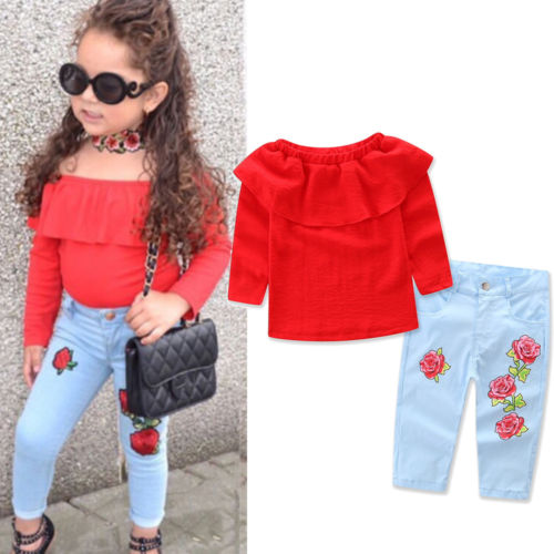 Baby Kids Girl Ruffled Red Blouse Rose Denim Jeans