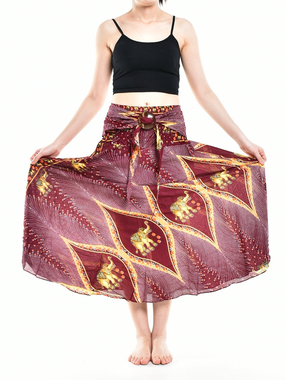 Bohotusk Red Elephant Diamond Long Skirt With Coconut Buckle (&amp;