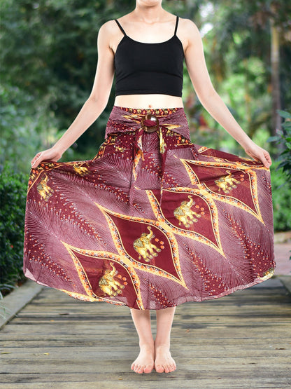 Bohotusk Red Elephant Diamond Long Skirt With Coconut Buckle (&amp;