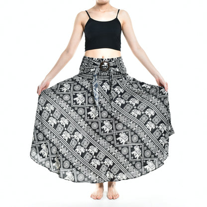 Bohotusk Black Elephant Print Long Skirt With Coconut Buckle (&amp;