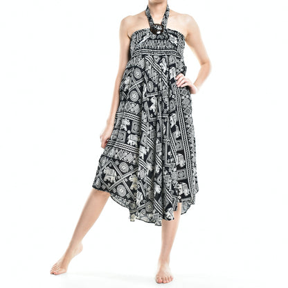 Bohotusk Black Elephant Print Long Skirt With Coconut Buckle (&amp;