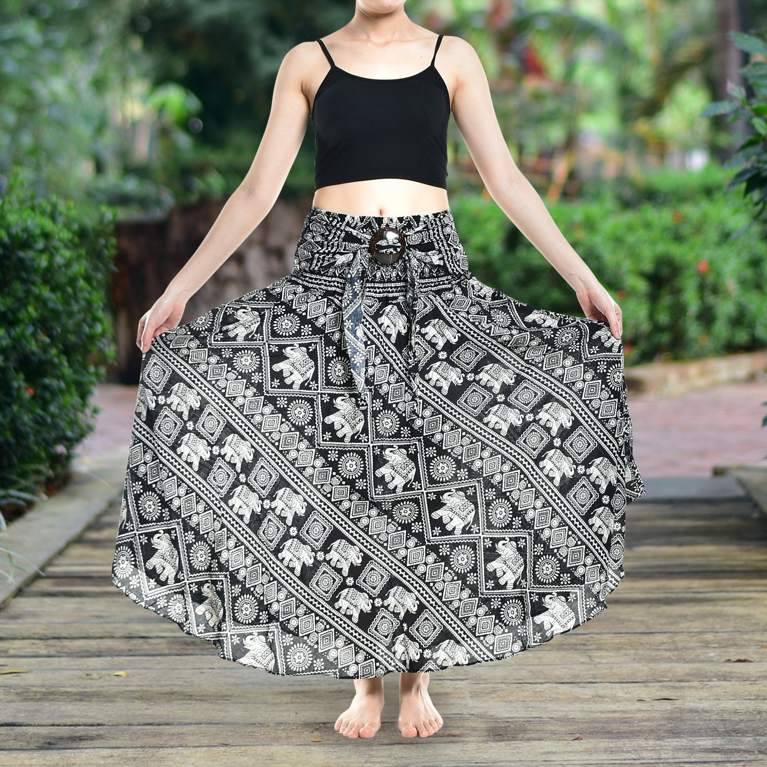 Bohotusk Black Elephant Print Long Skirt With Coconut Buckle (&amp;