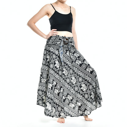 Bohotusk Black Elephant Print Long Skirt With Coconut Buckle (&amp;