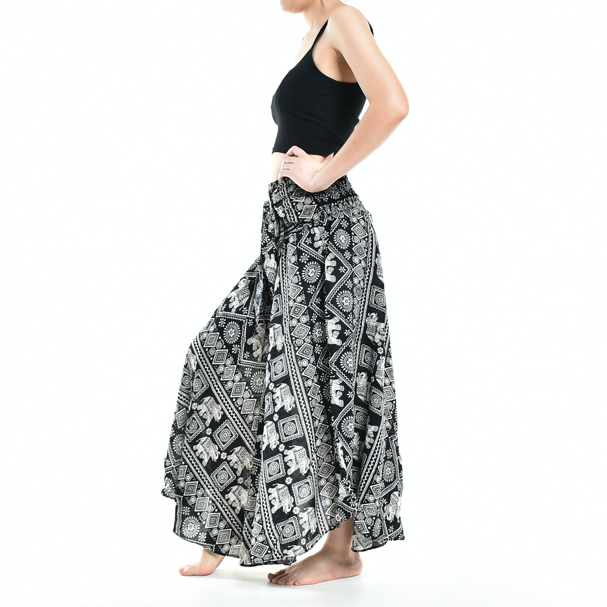 Bohotusk Black Elephant Print Long Skirt With Coconut Buckle (&amp;