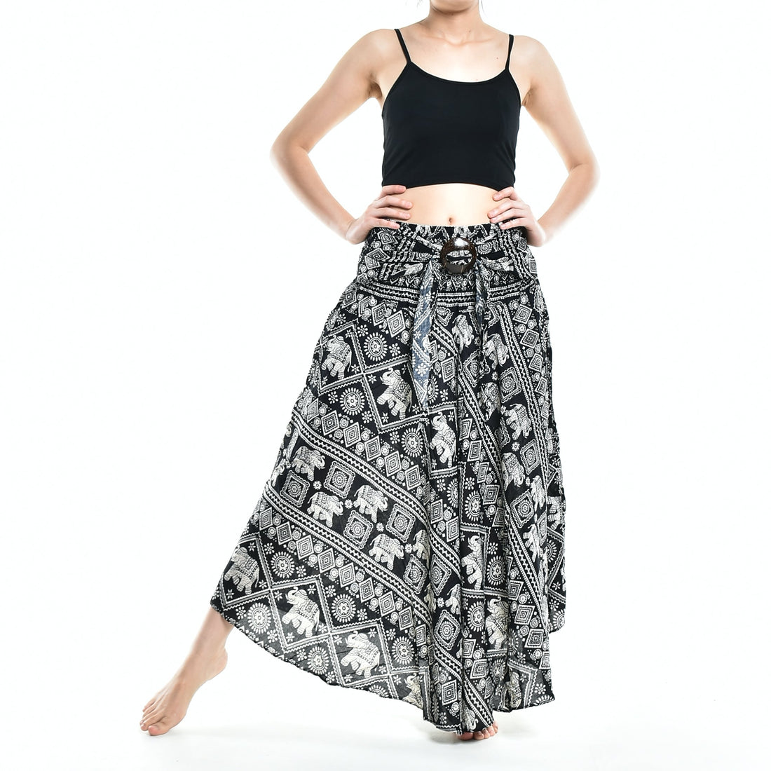 Bohotusk Black Elephant Print Long Skirt With Coconut Buckle (&amp;