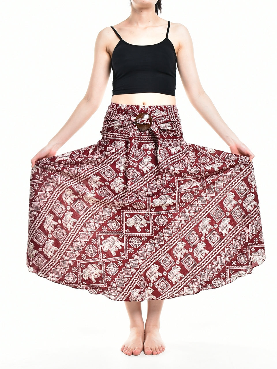 Bohotusk Red Elephant Print Long Skirt With Coconut Buckle (&amp;