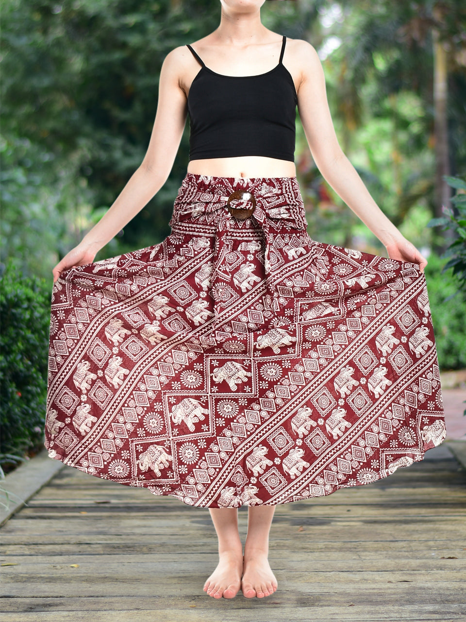 Bohotusk Red Elephant Print Long Skirt With Coconut Buckle (&amp;