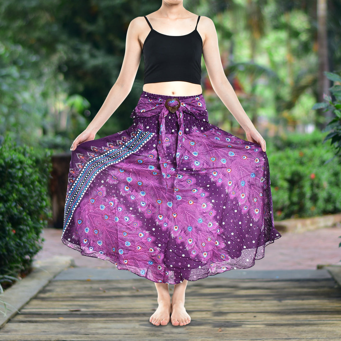 Bohotusk Purple Peacock Long Skirt With Coconut Buckle (&amp; Strapless