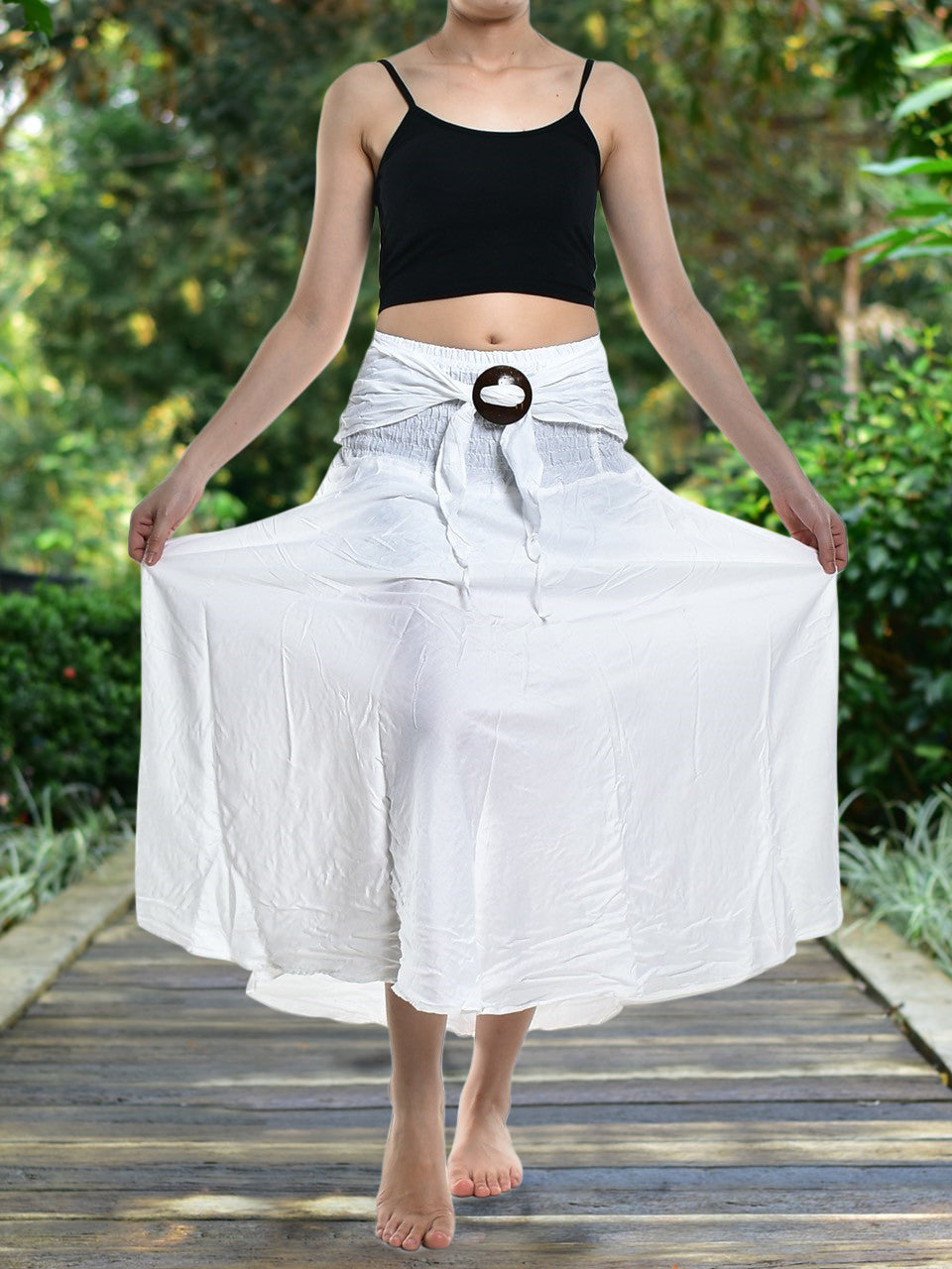 Bohotusk Plain White Long Skirt With Coconut Buckle (&amp; Strapless