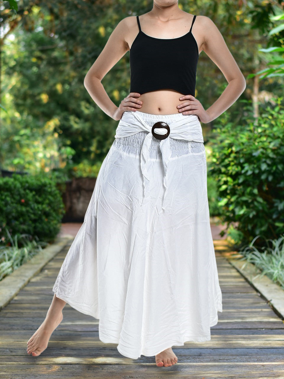 Bohotusk Plain White Long Skirt With Coconut Buckle (&amp; Strapless