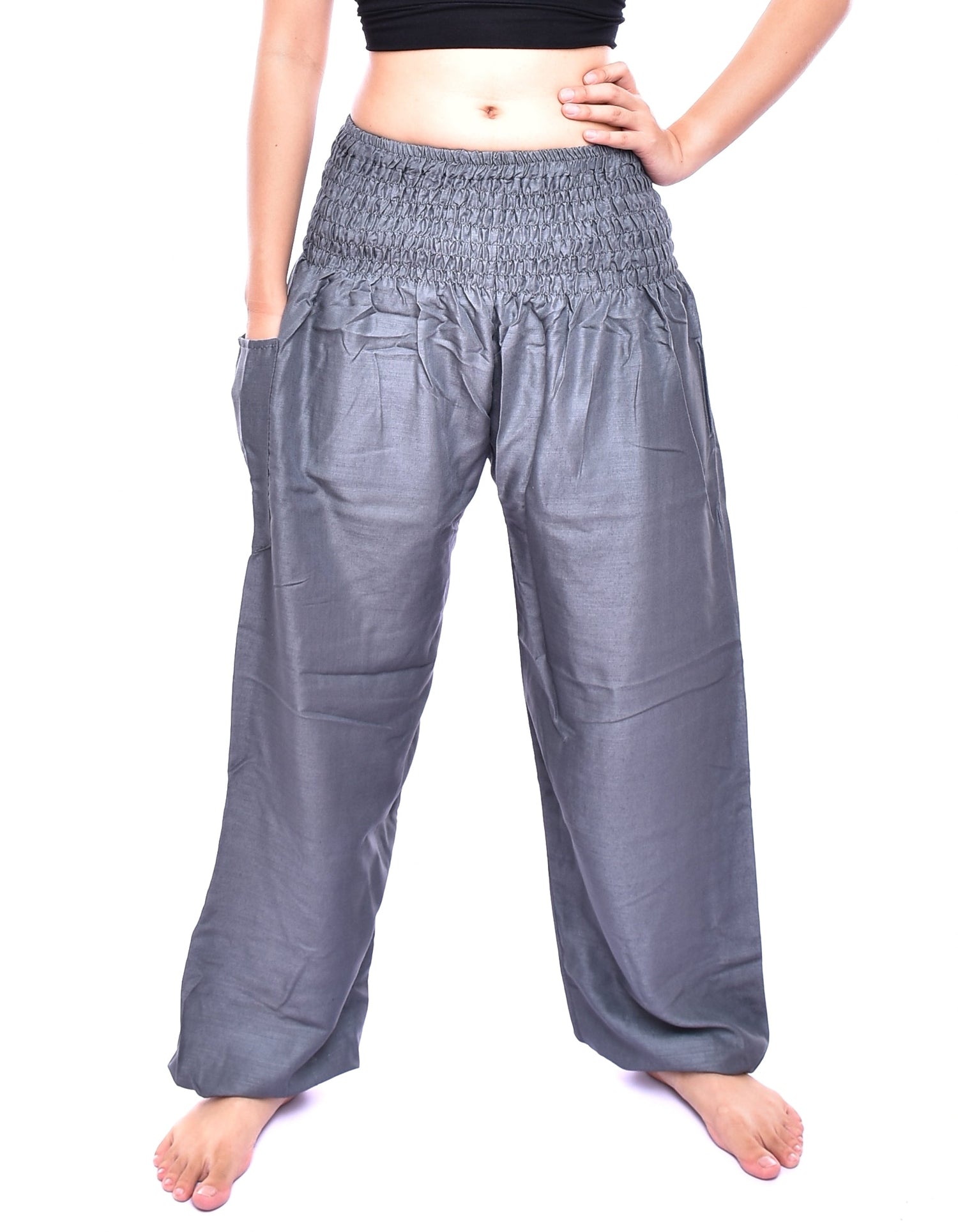 Bohotusk Steel Grey Plain Elasticated Smocked Waist Womens Harem Pants